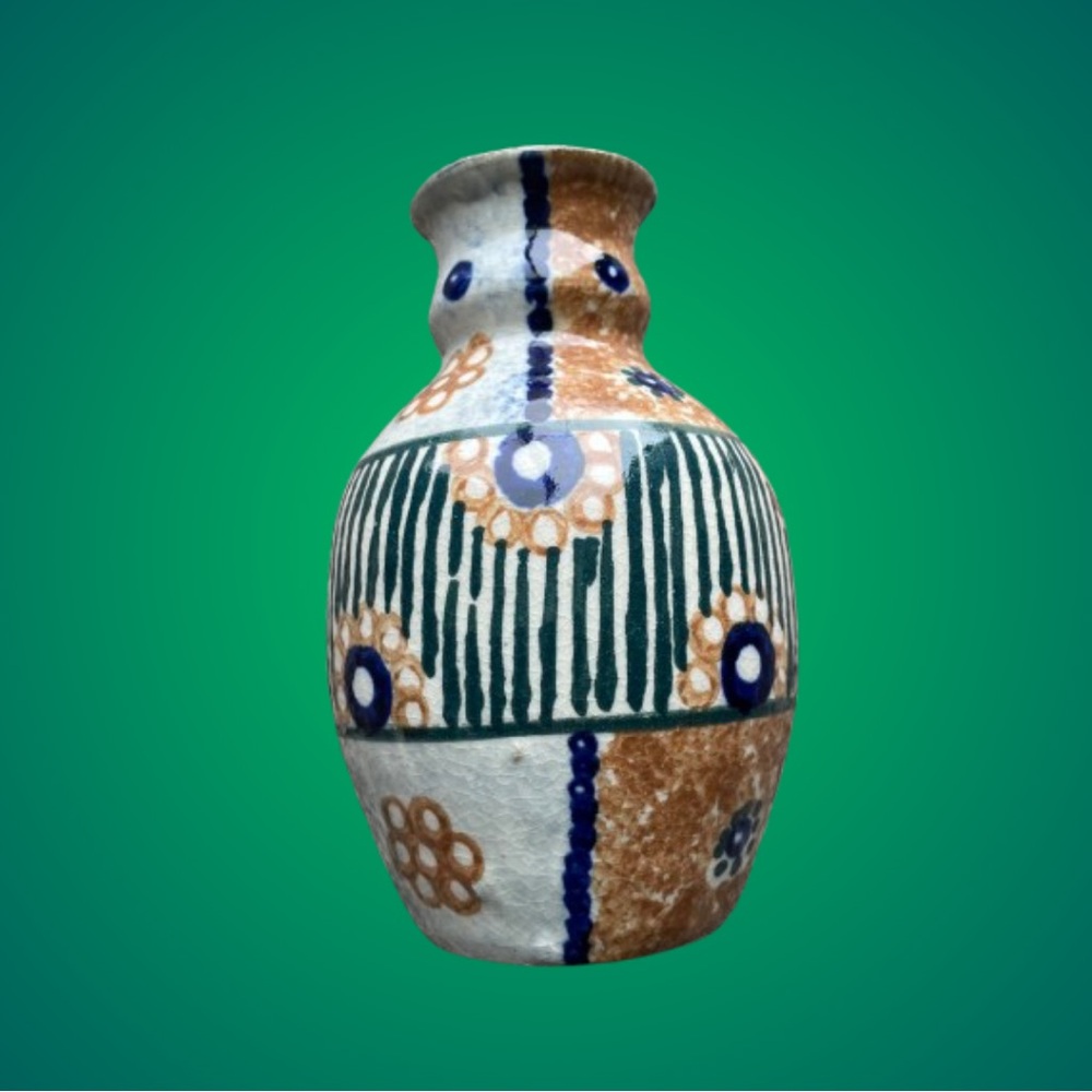 Vintage Paul Schreier pottery vase floral tan blue Bohemian